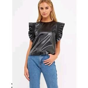 English Factory PU Faux Leather Ruffle Sleeve Top Black XS Vegan Leather Blouse